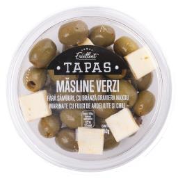 Excellent Masline Verzi Cu Branza Graviera Naxou, Marinate Cu Fulgi De Ardei Iute Si Chili 150g