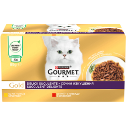 Gourmet Delicii Suculente Cu Pui Si Vita, Hrana Umeda Pentru Pisici 4x85g