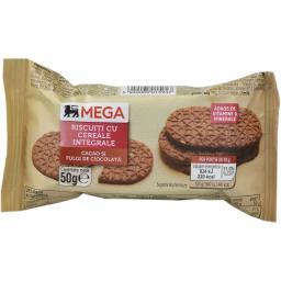 Mega Biscuiti Cu Cereale Integrale, Cacao Si Fulgi De Ciocolata 50g